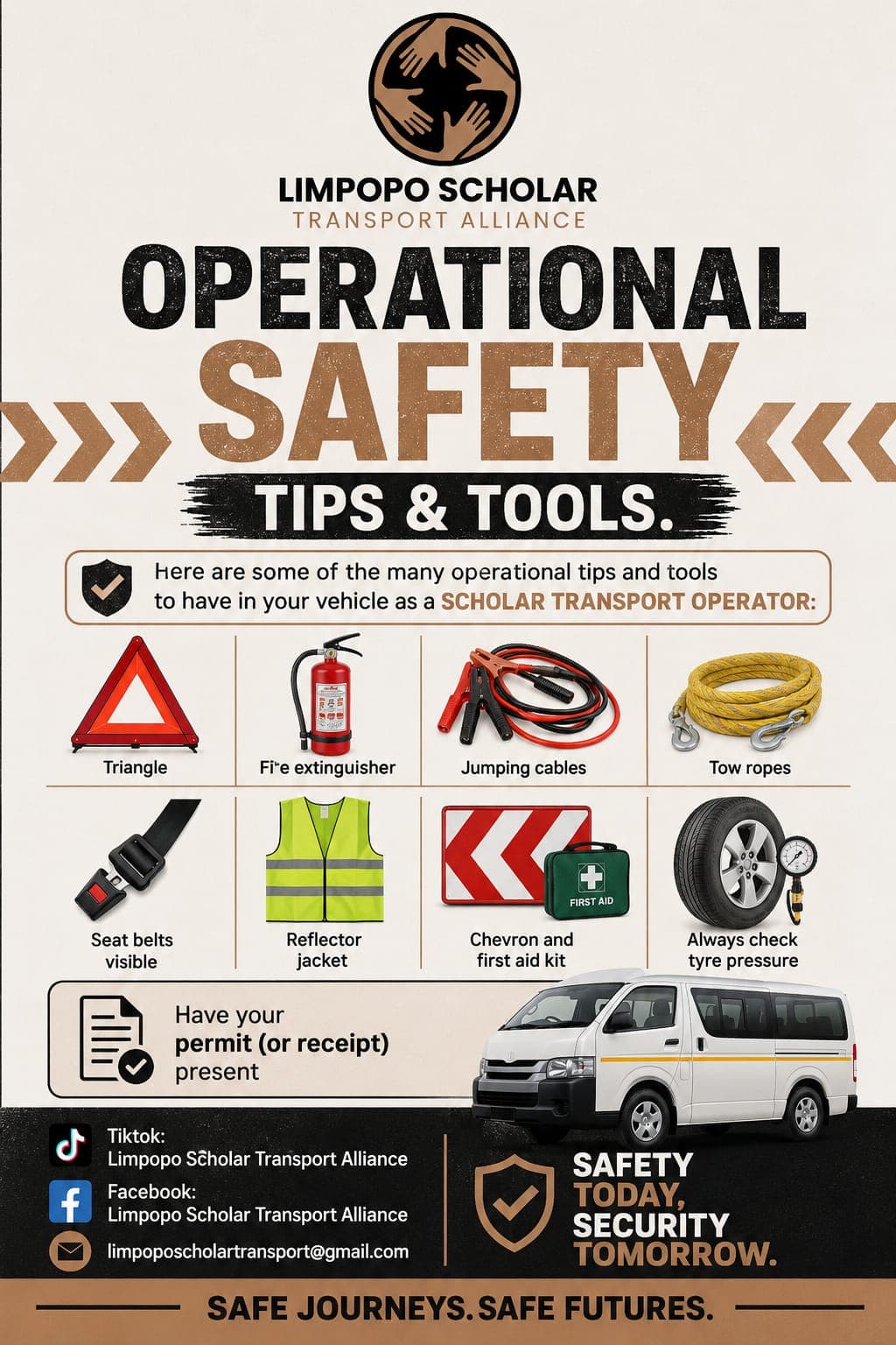 LSTA operational safety announcement showing examples of equipment and checks for scholar transport vehicles